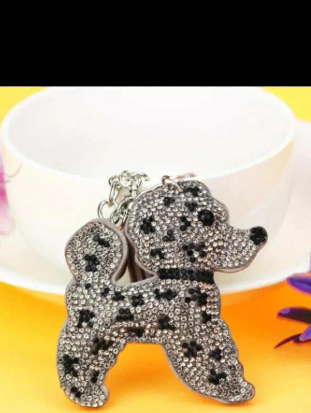 Bling Dog Crystal Rhinestone Keychain Bag Charm With Black Tassel